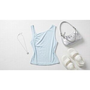 Wild Fable One Shoulder Top Medium Blue Knit Asymmetric Sleeveless Shirt